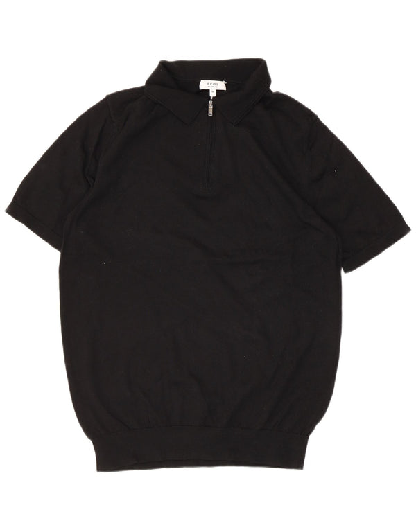 Reiss Mens Short Sleeve Polo Neck Jumper Sweater Medium Black Merino Wool