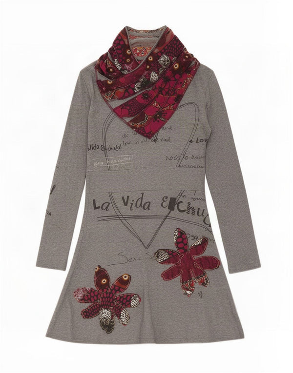 Desigual Damen Grafik-T-Shirt-Kleid mit tiefem Ausschnitt, UK 14, großes graues Blumenmuster