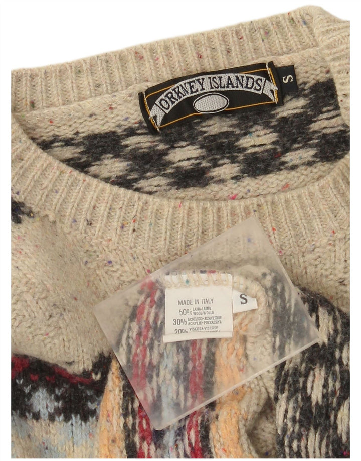 Vintage Herren-Pullover mit Rundhalsausschnitt, kleine beige Fair-Isle-Wolle