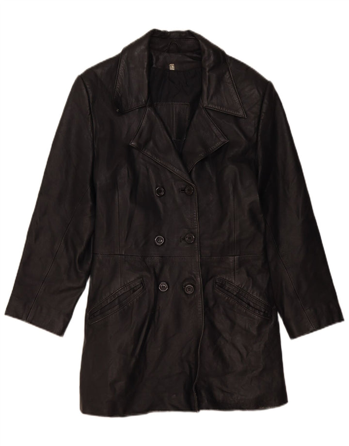 VINTAGE Damen Ledermantel UK 14 Großes schwarzes Leder