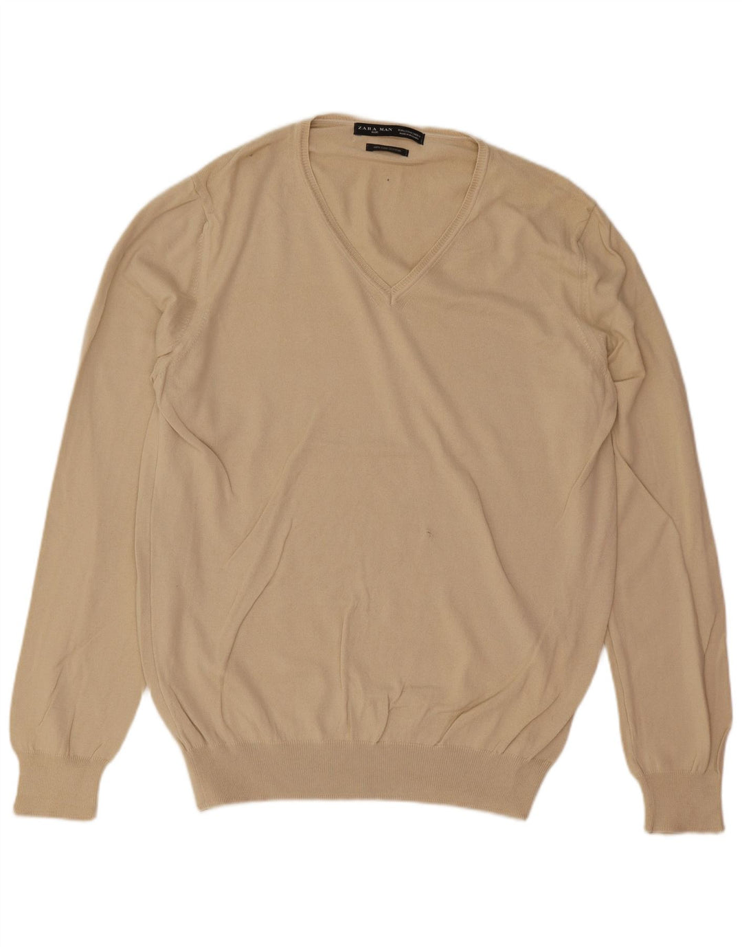 Zara Herren-Pullover mit V-Ausschnitt, groß, beige Baumwolle