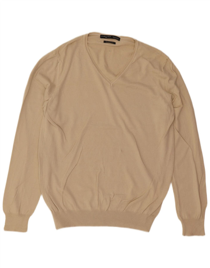 Zara Herren-Pullover mit V-Ausschnitt, groß, beige Baumwolle