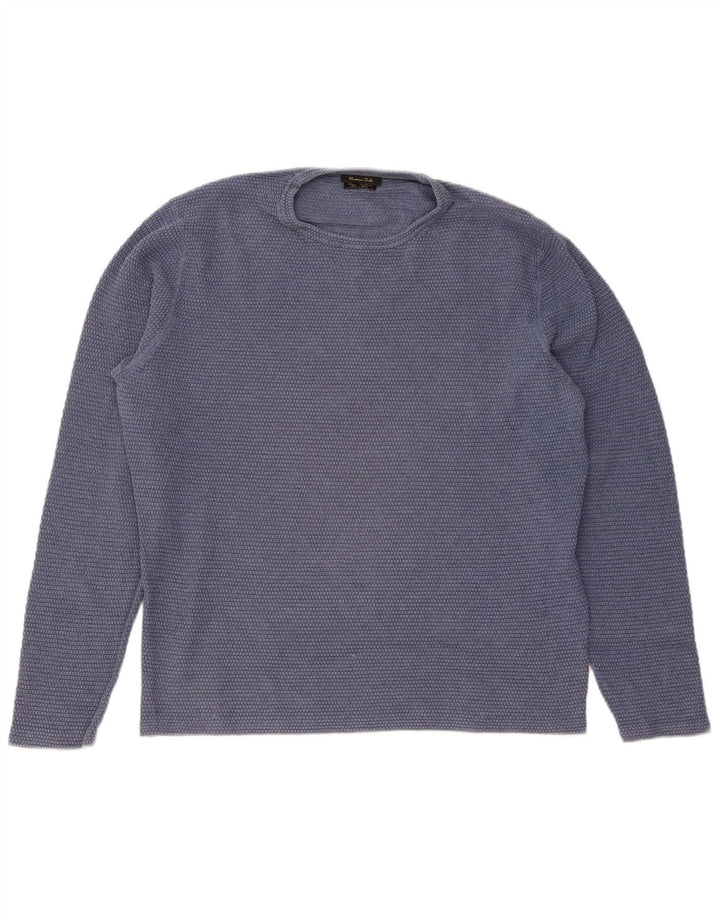 Massimo Dutti Herren-Pullover mit Rundhalsausschnitt, groß, aus blauer Baumwolle