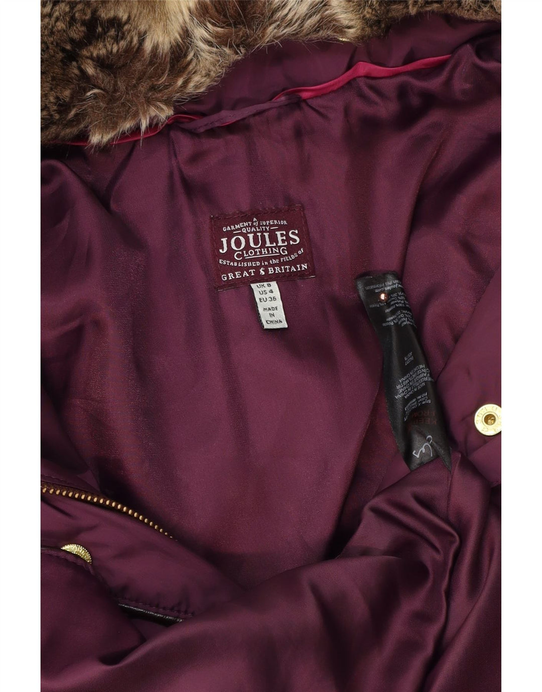 JOULES Damen Übergroßer, wattierter Mantel mit Kapuze, UK 8, Größe S, Lila, Polyester