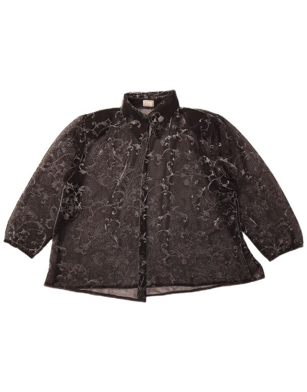 VINTAGE Damen 3/4-Ärmel-Hemdbluse UK 14 Mittelschwarz geblümt