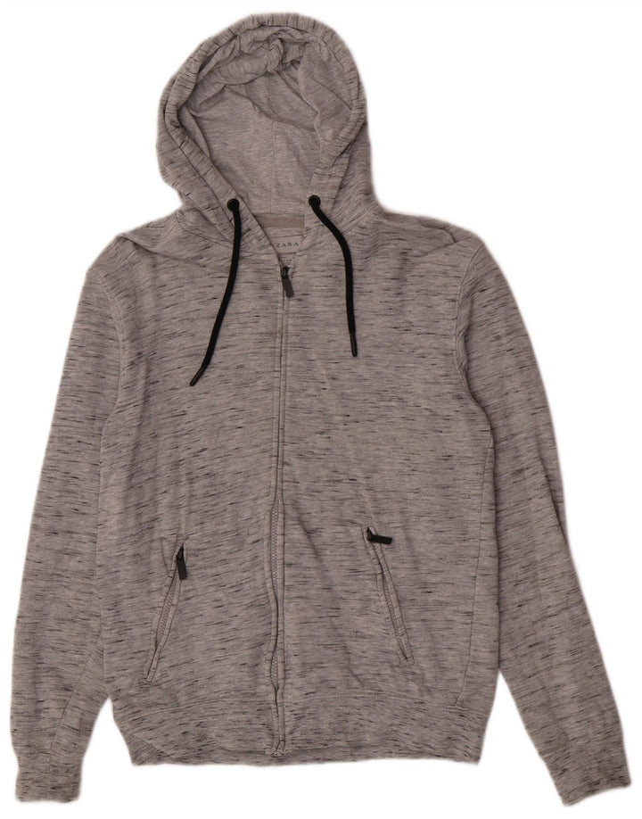 Zara Herren-Kapuzenpullover mit Reißverschluss, mittelgrau gefleckte Baumwolle