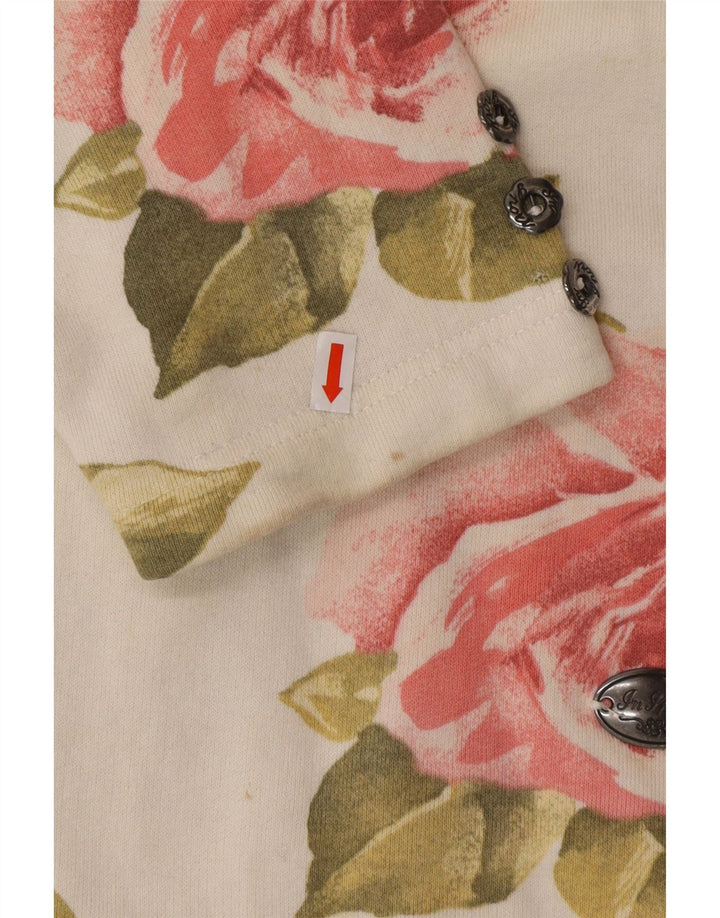 VINTAGE Damen Top Langarm UK 16 Large Off White Floral Cotton