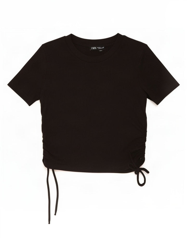 Zara Damen Crop Bluse Top UK 12 Medium Schwarz Polyester