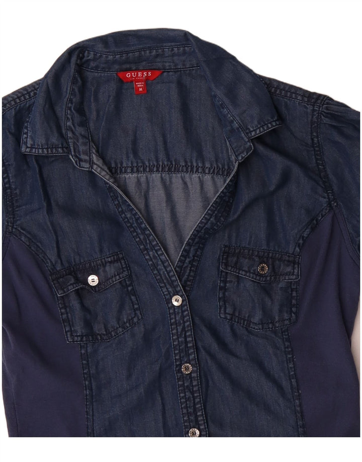 GUESS Damen Kurzarm-Jeanshemdbluse UK 12 Medium Navy Blue Tencel