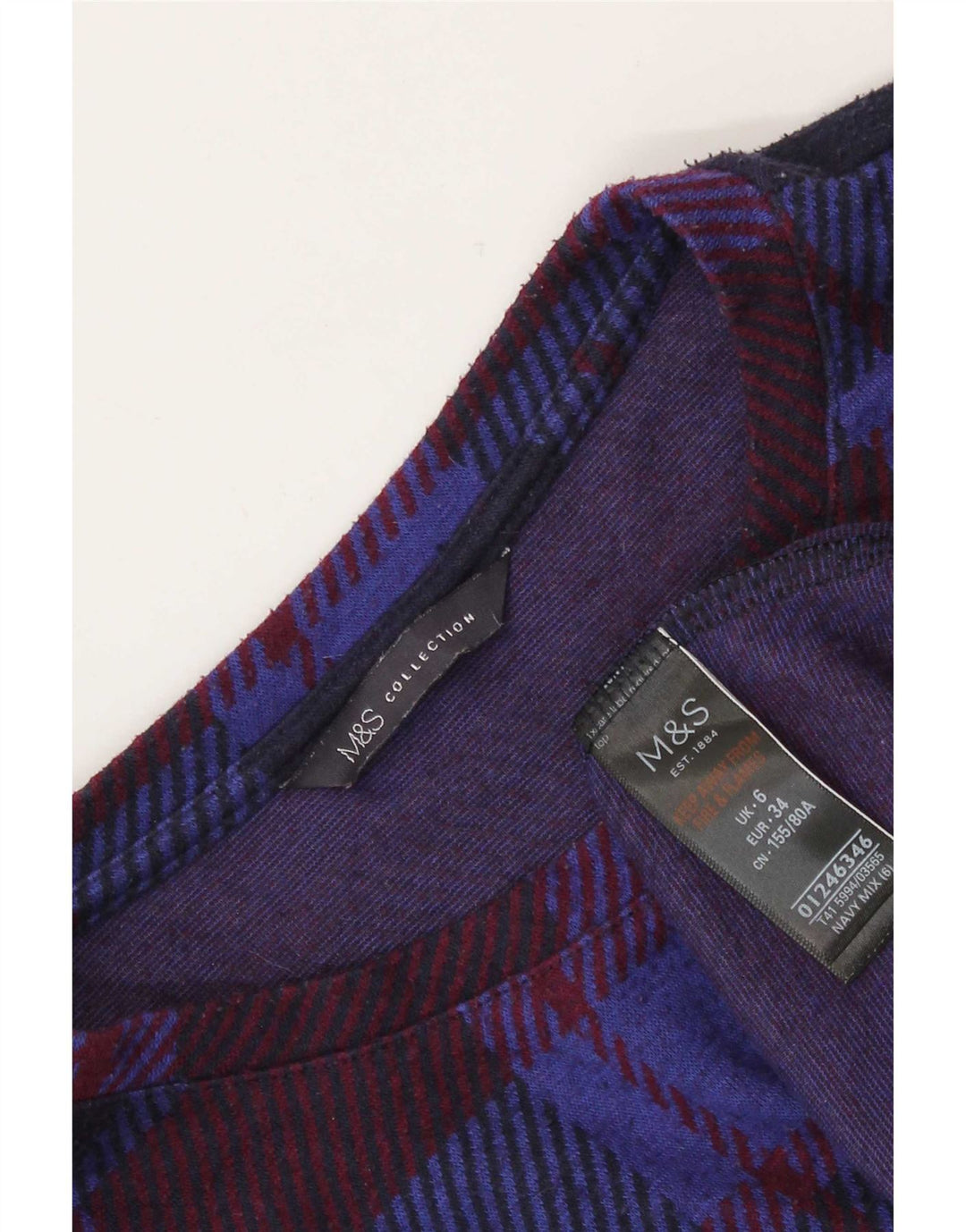 Marks & Spencer Damen Top Langarm UK 6 XS Marineblau kariertes Polyester