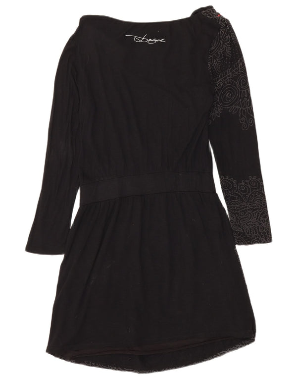 DESIGUAL Damen Langarm-Grafik-A-Linien-Kleid UK 14 Large Schwarz geblümt