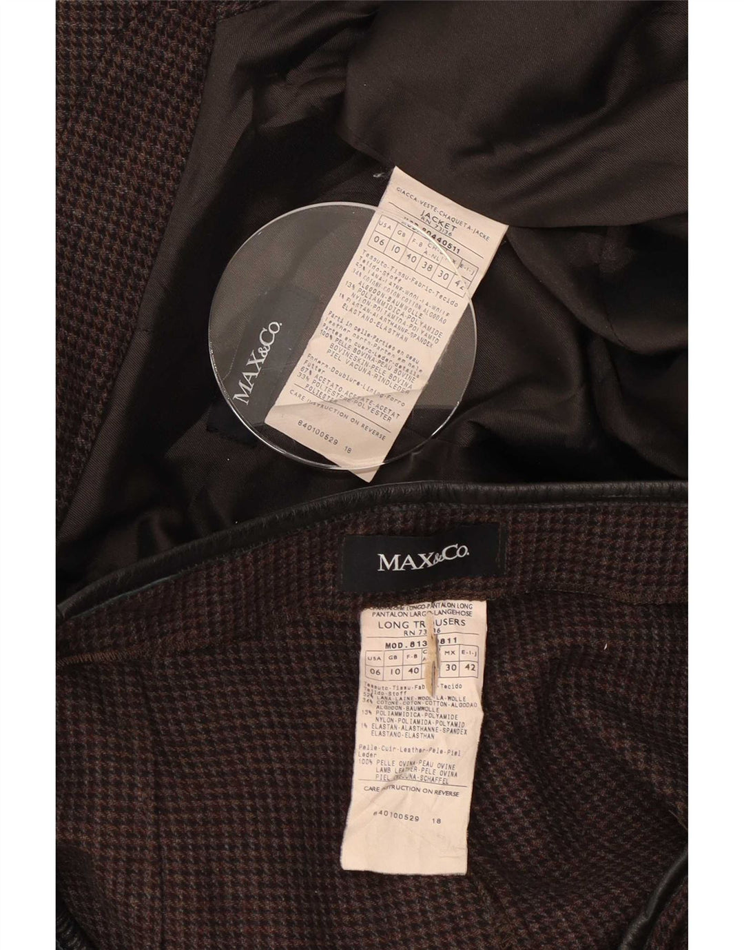 Max & Co. Zweiteiliger Damenanzug, UK 10, Größe S, W27, L31, braune Wolle mit Hahnentrittmuster