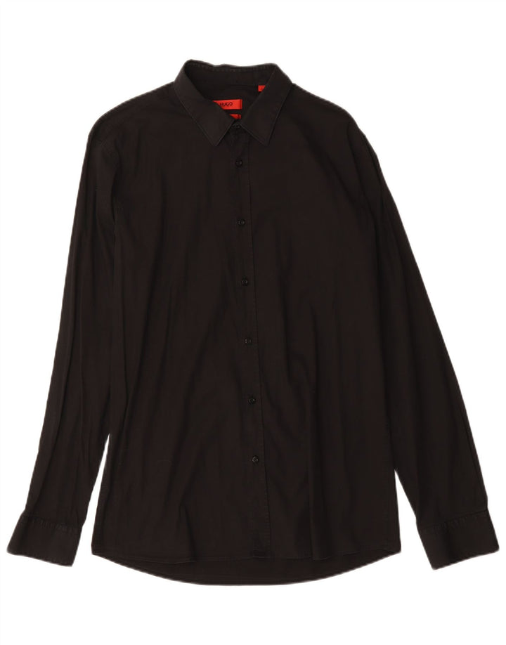 Hugo Boss Herren Slim-Fit-Hemd, groß, aus schwarzer Baumwolle
