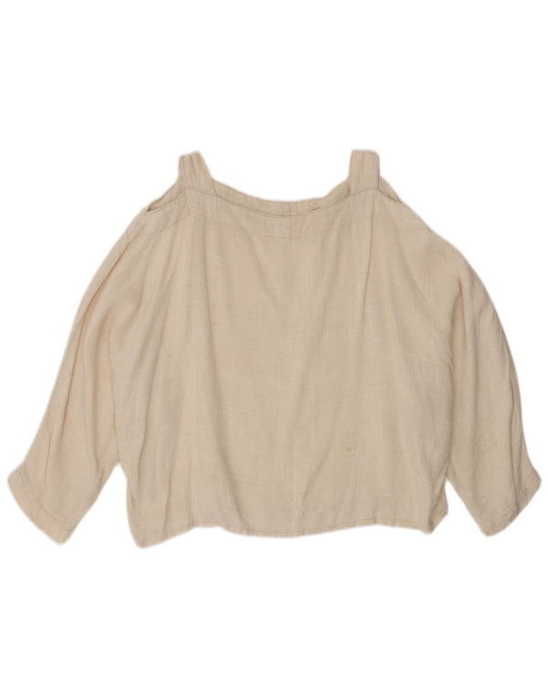 Vintage Damen Crop 3/4 Ärmel Off Shoulder Bluse Top UK 14 Large Beige