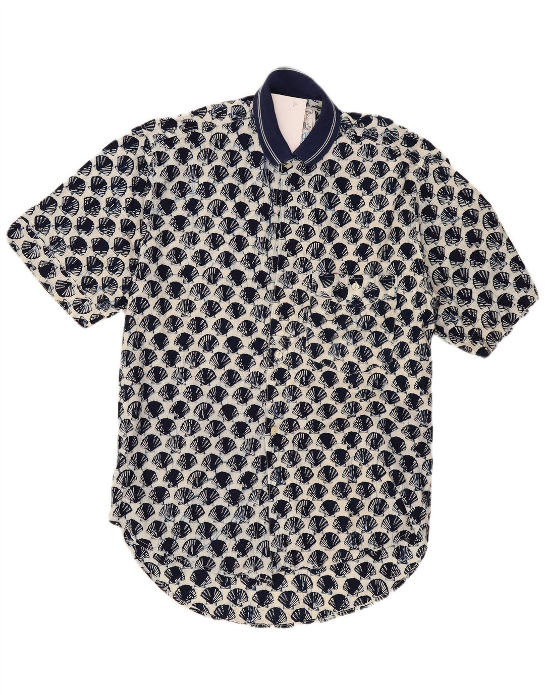 Vintage Herren-Kurzarmhemd mit abstraktem Muster, groß, marineblaue Baumwolle