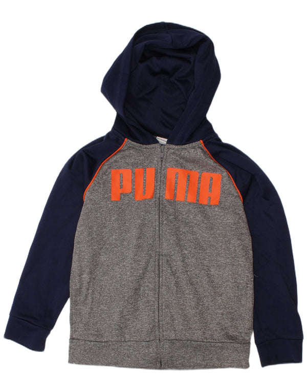 PUMA Jungen-Kapuzenpullover mit grafischem Reißverschluss, 5–6 Jahre, graues Farbblock-Polyester
