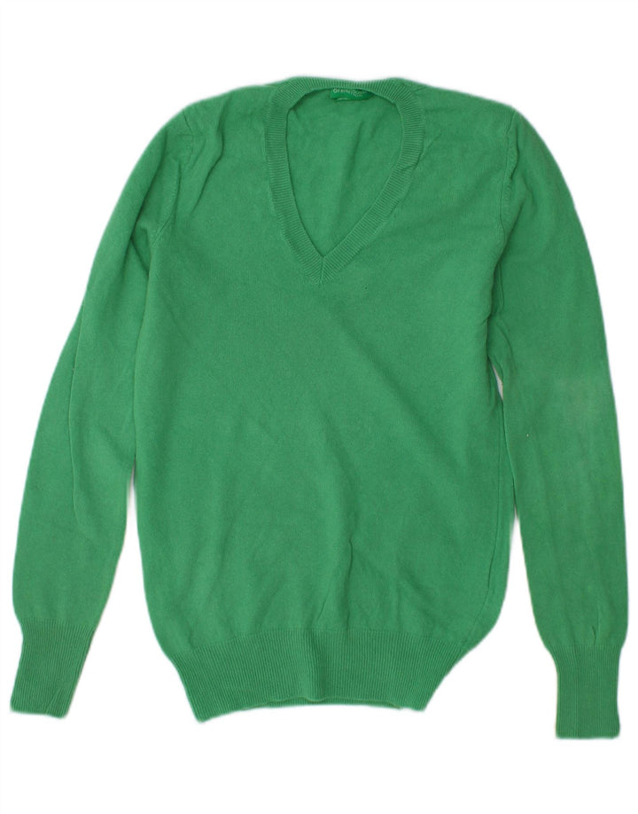 BENETTON Damen-Pullover mit V-Ausschnitt, Gr. 6, XS, grüne Schurwolle