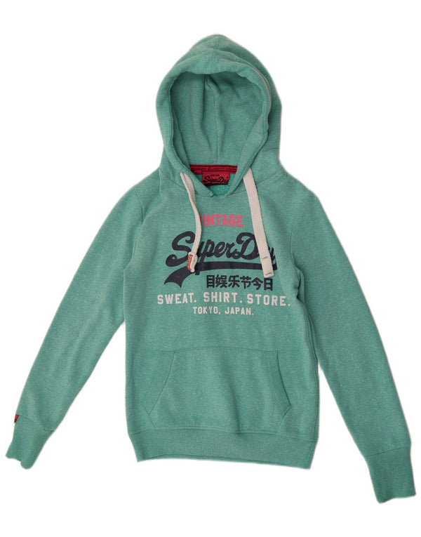 Superdry Damen-Kapuzenpullover mit Grafik, UK 6, XS, grün meliertes Polyester
