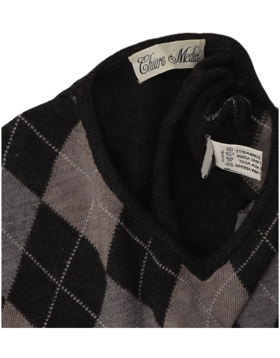 VINTAGE Damen-Pullover mit V-Ausschnitt, UK 16, Größe L, grau, Argyle/Diamant