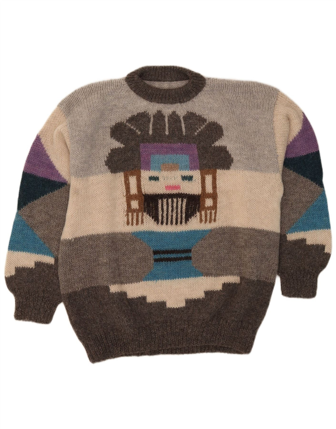 Vintage Herren Pullover mit grafischem Rundhalsausschnitt, groß, grau, geometrisch