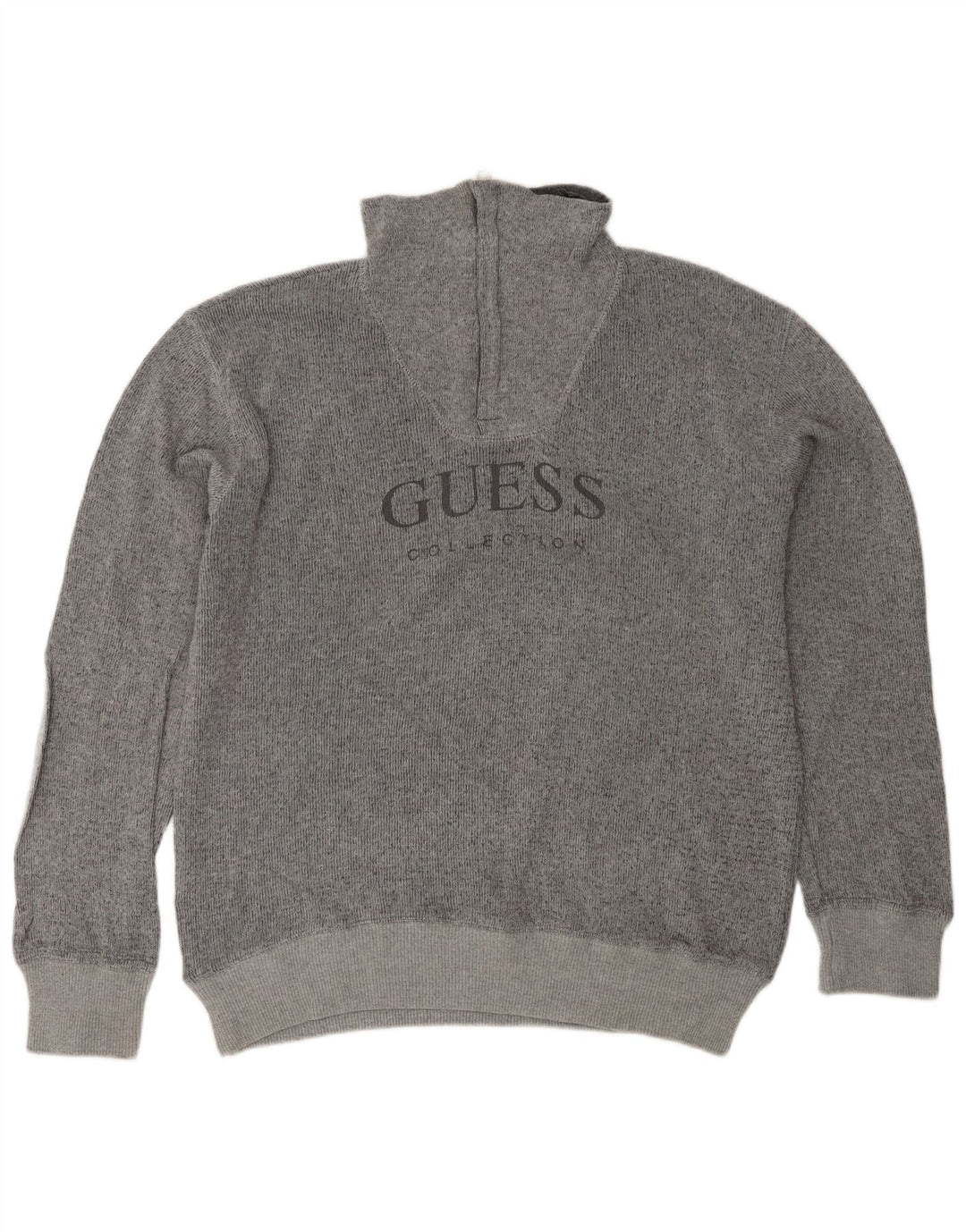 Guess Herren-Pullover mit grafischem Reißverschluss, Größe L, aus grauer Baumwolle