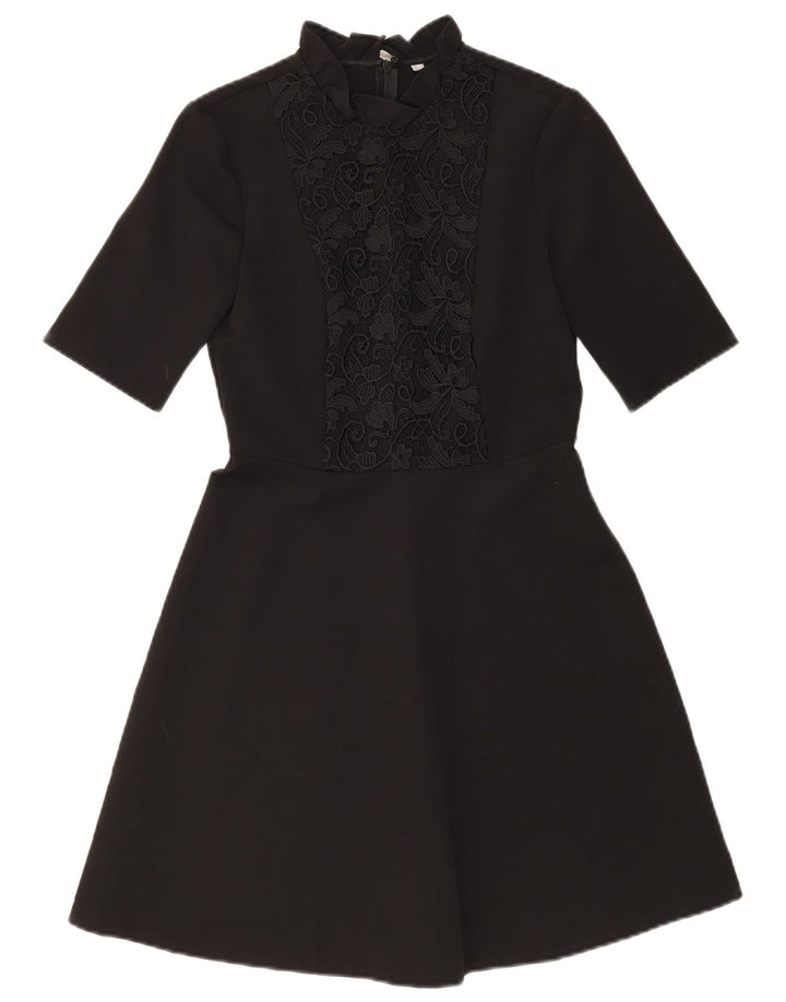 ZARA Damen-A-Linien-Kleid, Größe S, Schwarz, Blumenmuster, Polyester