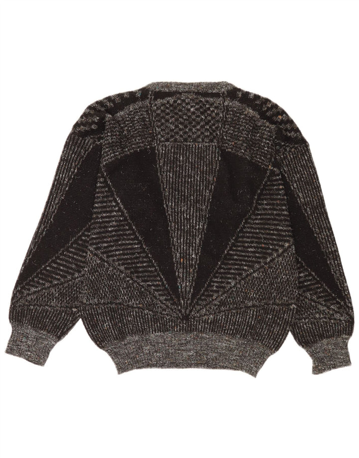 Vintage Herren-Pullover mit U-Boot-Ausschnitt, mittelgraue geometrische Wolle