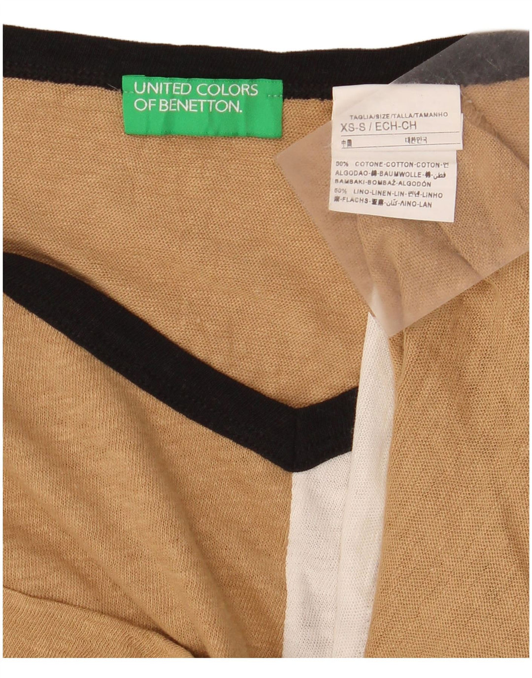 BENETTON Damen Crop Oversize T-Shirt Top UK 6 XS Beige Farbblock