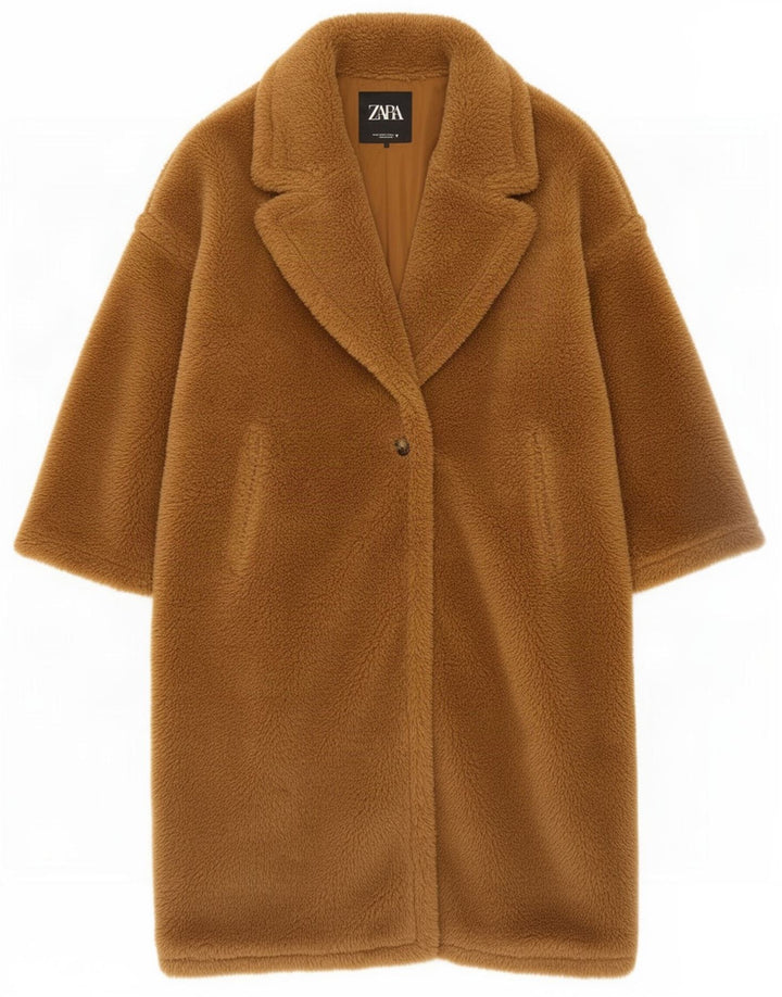 Zara Damen Teddybär-Übergroßer Mantel UK 14 Mittelbraunes Polyester