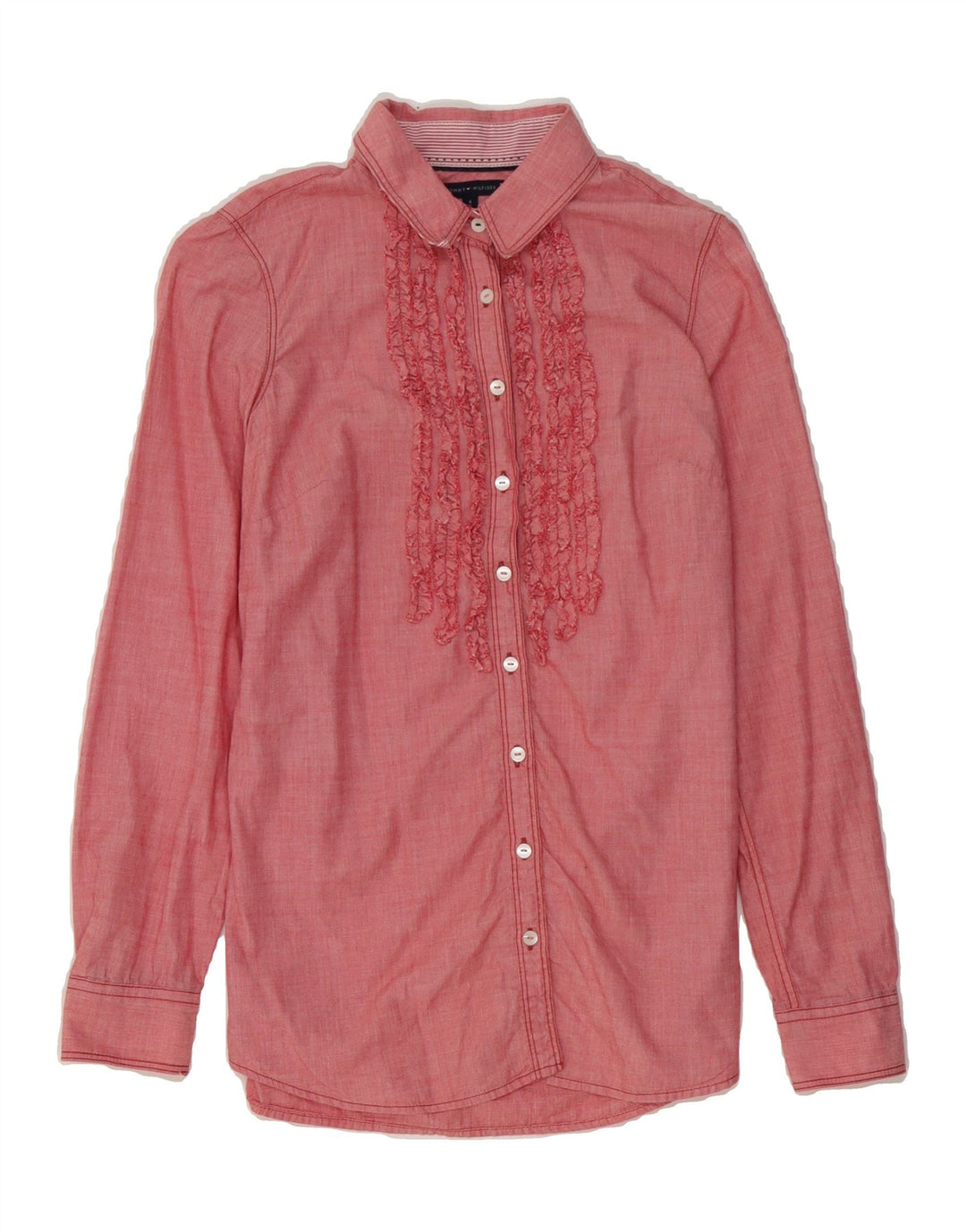 TOMMY HILFIGER Womens Ruffle Front Shirt US 4 Small Red Cotton Vintage Tommy Hilfiger and Second-Hand Tommy Hilfiger from Messina Hembry 