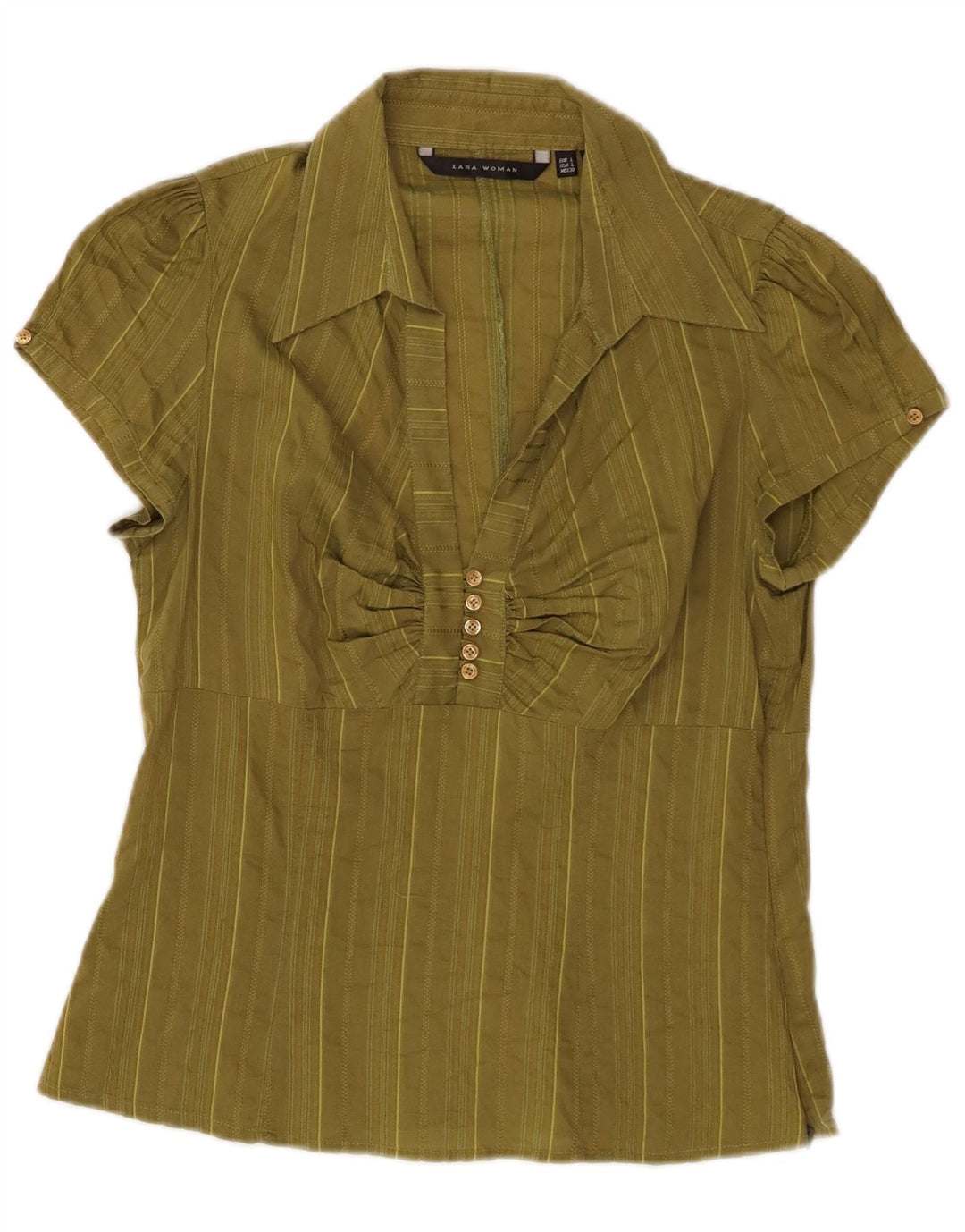 ZARA Damen Kurzarm-Pullover-Hemd UK 14 Große Khaki-gestreifte Baumwolle