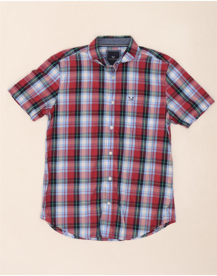 CREW CLOTHING Herren-Kurzarmhemd aus mittelblau karierter Baumwolle