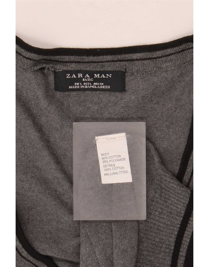 Zara Herren-Strickjacke, groß, grau gestreift, Baumwolle