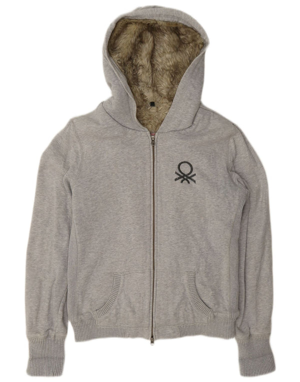 Benetton Womens Sherpa Zip Hoodie Pullover UK 16 Große grau gefleckte Baumwolle