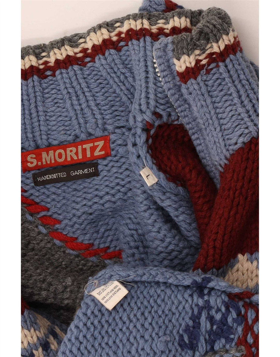 S.Moritz Herren-Strickjacke, handgefertigt, groß, blau, geometrisch, Wolle, Neuheit