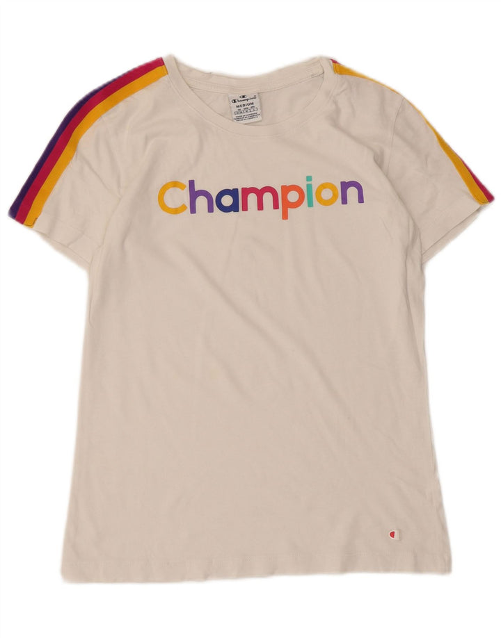 Champion Damen Grafik-T-Shirt-Oberteil UK 12 Mittelweiß gestreift