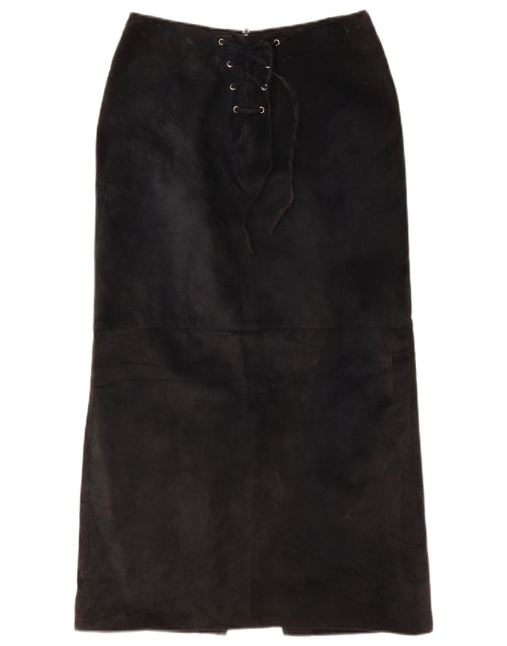 VINTAGE Damen Wildleder Maxirock UK 10 Small W26 Schwarzes Leder
