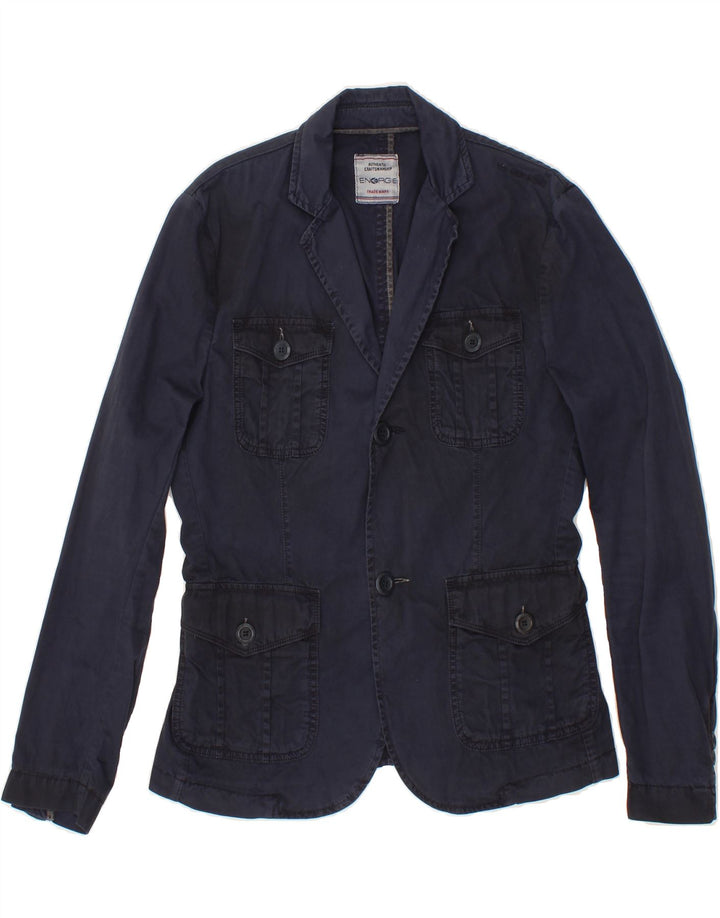 ENERGIE Womens 2 Button Blazer Jacket IT 46 Large Navy Blue Cotton Vintage Energie and Second-Hand Energie from Messina Hembry 