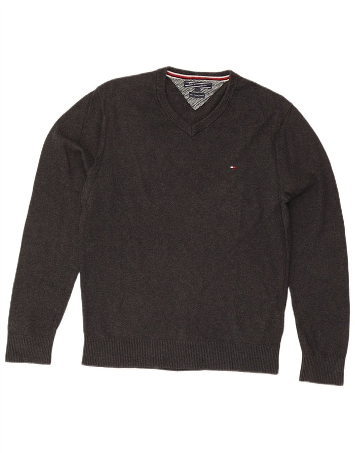 Tommy Hilfiger Herren-Pullover mit V-Ausschnitt aus mittelgrauer Baumwolle