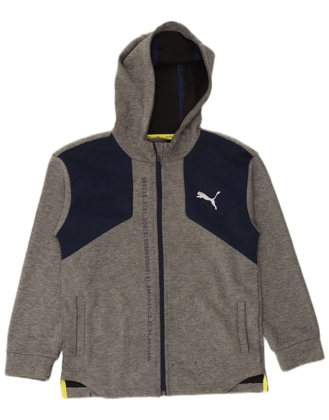 PUMA Jungen-Kapuzenpullover mit grafischem Reißverschluss, 9–10 Jahre, graues Farbblock-Polyester