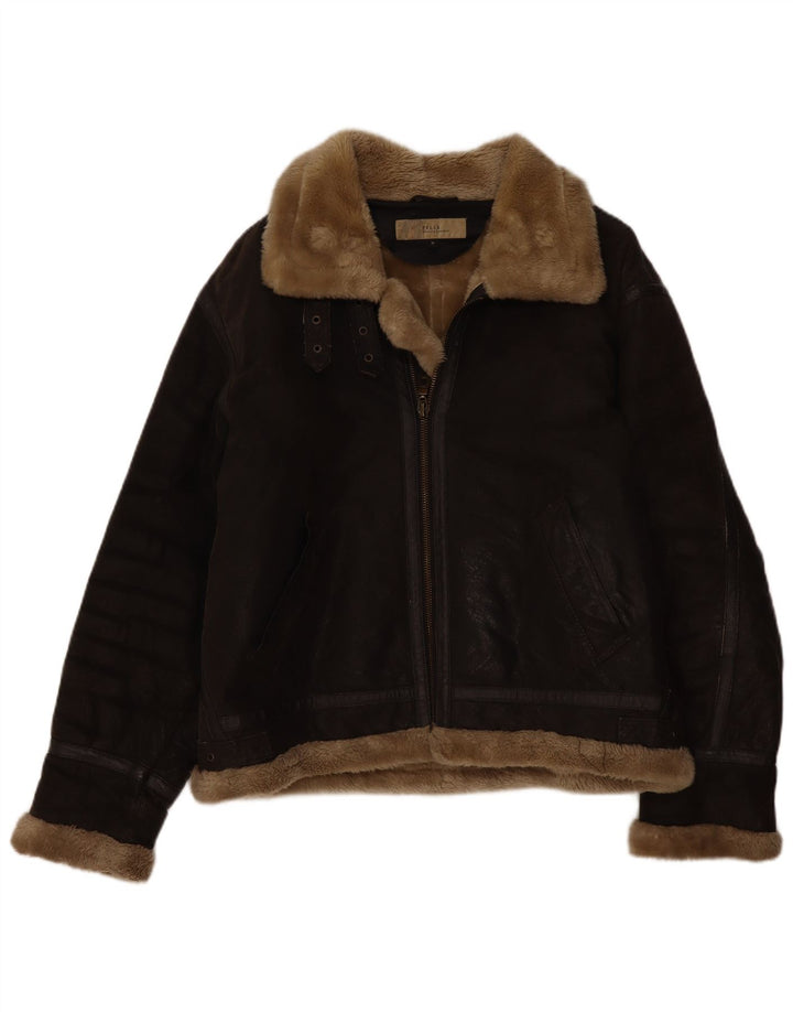 Bata Herren Leder-Shearling-Jacke UK 38 Mittelbraunes Leder