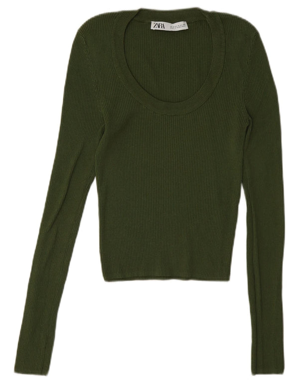 Zara Damen Slim Fit Top Langarm UK 8 Small Grüne Viskose