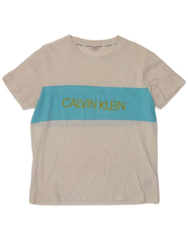 Calvin Klein Damen Grafik-T-Shirt-Oberteil UK 16 Large Weiß Farbblock