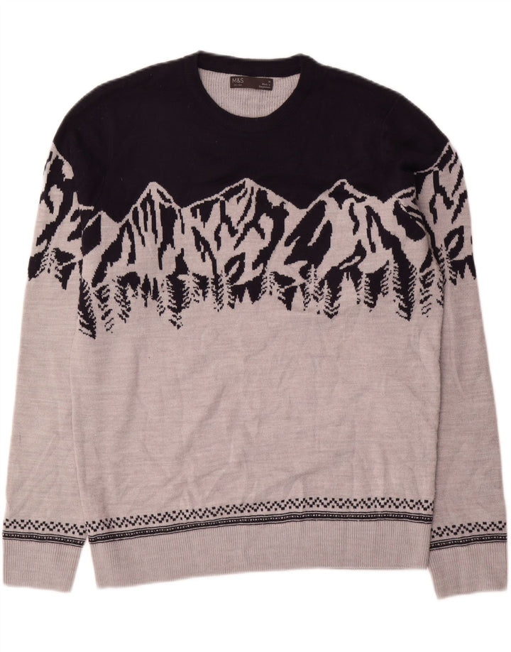 Marks & Spencer Herren-Pullover mit Rundhalsausschnitt, Mittelgrau, Farbblock