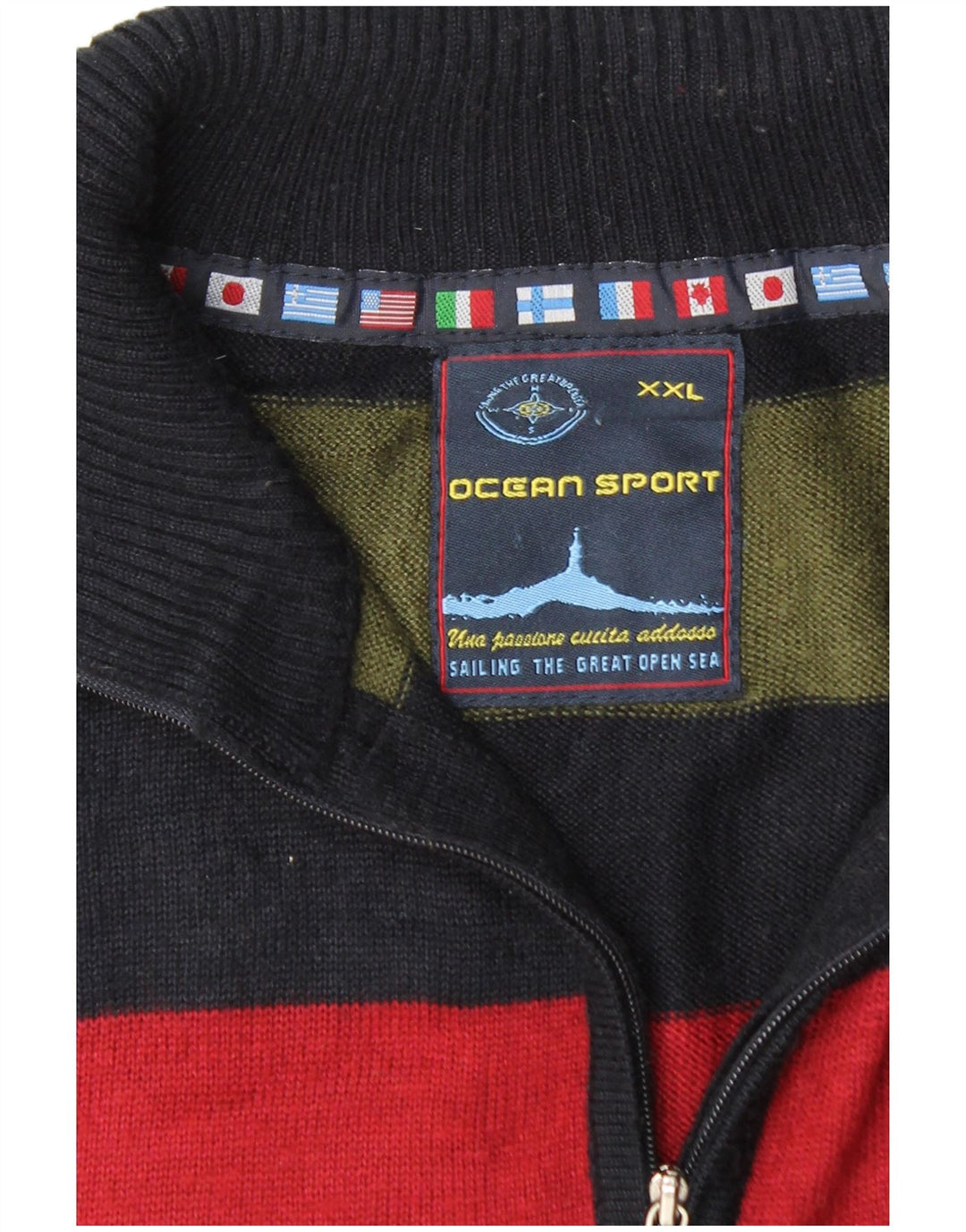 VINTAGE Mens Zip Neck Jumper Sweater 2XL Multicoloured Striped Viscose