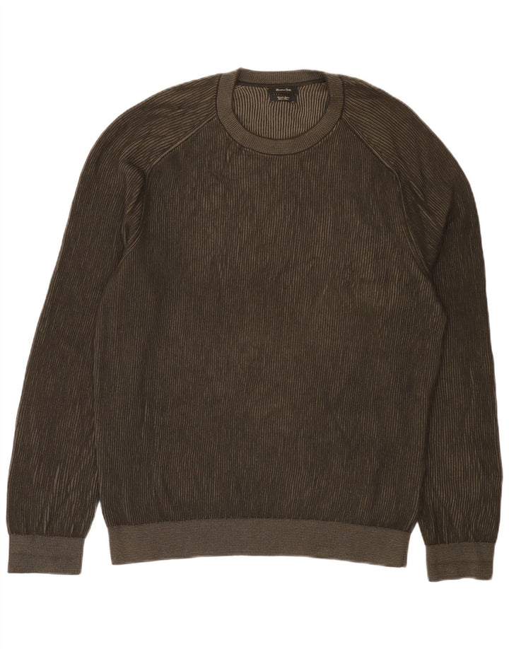 Massimo Dutti Herren-Pullover mit Rundhalsausschnitt, XL, Khaki, Baumwolle