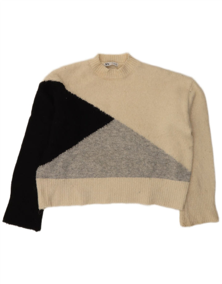 Rollkragenpullover für Damen von Zara, Gr. 14, Medium, gebrochenes Weiß, Farbblock