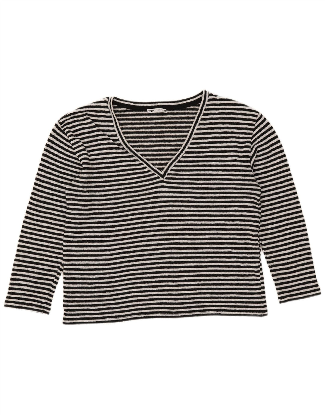 Zara Damen Top Langarm UK 14 Mittelschwarz gestreift Baumwolle