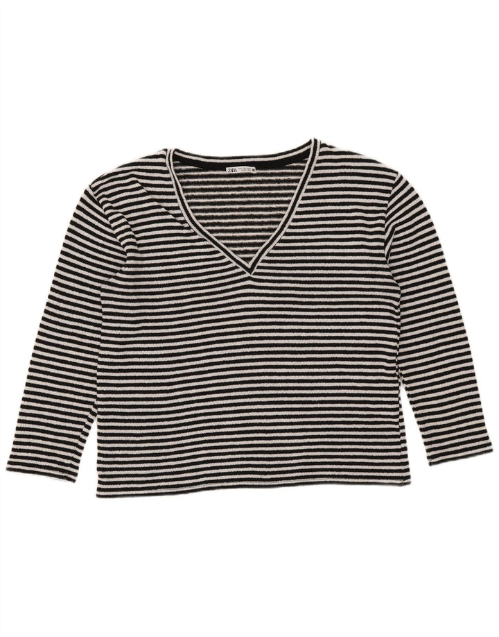 Zara Damen Top Langarm UK 14 Mittelschwarz gestreift Baumwolle