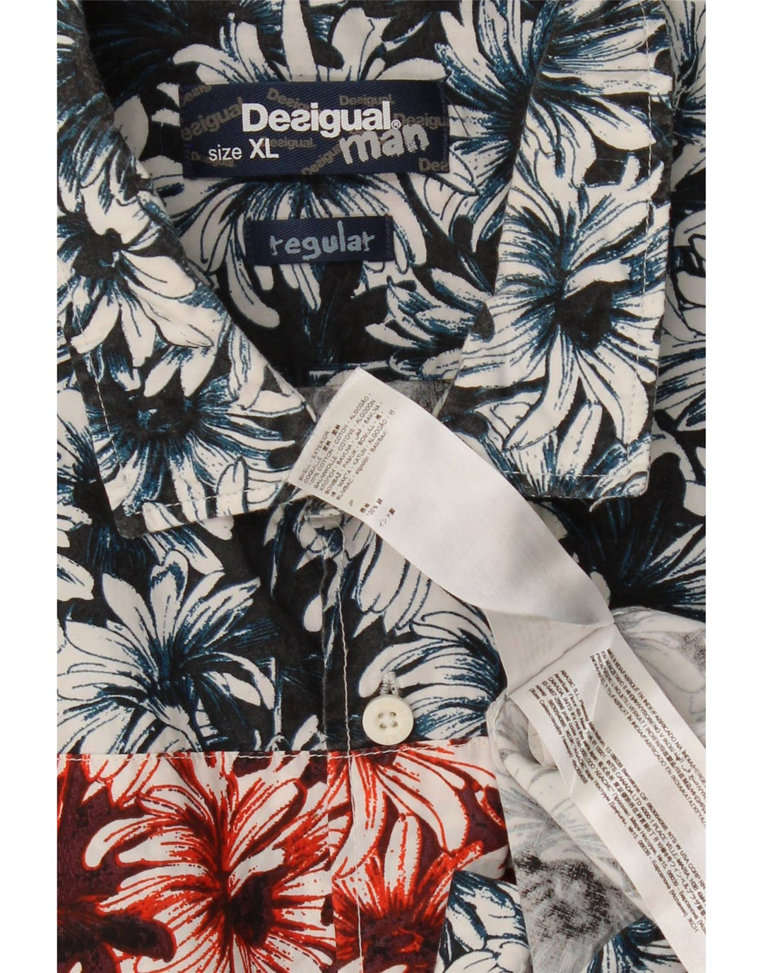 DESIGUAL Herrenhemd XL Marineblau mit Blumenmuster aus Baumwolle